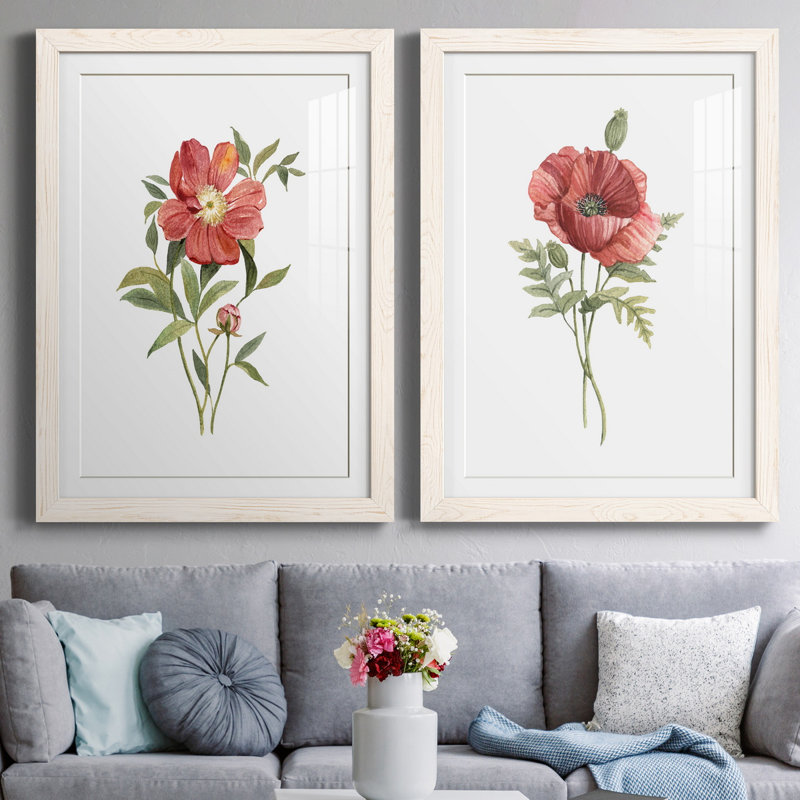 Pivoine écarlate - ensemble de 2 reproductions d'art, H 44 po x l 31 po x P 1 po, Papier encadré blanc, Blanc