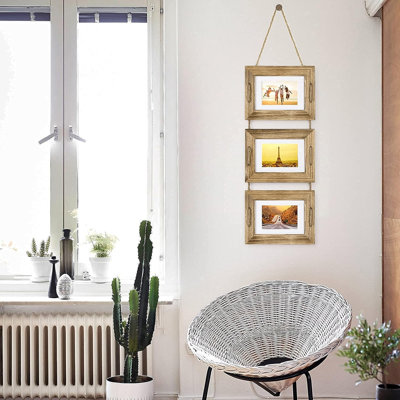 5x7 Hanging Picture Frames Collage Wall Decor, 3-Opening Photo Frames 5x7 without Mat & 3.5x5 with Mat, Rustic Wood, Carbonized Black