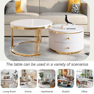 Modern 2 Pieces Round Nesting Coffee Table With 2 Drawers And Electroplated Gold Legs