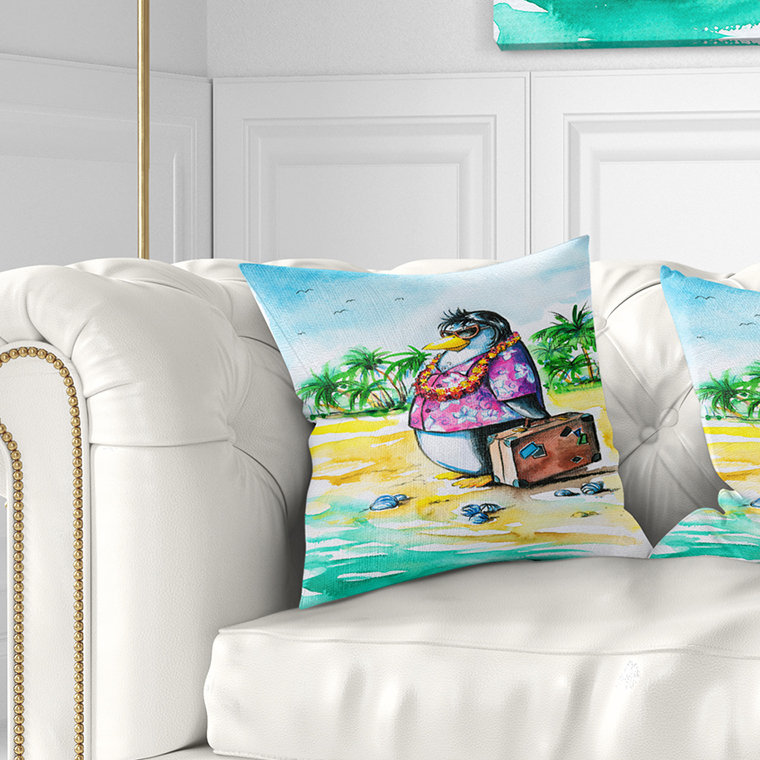 Oreiller pingouin profitant des fêtes sur l’oreiller d’animaux animés beach, 18 po x 18 po