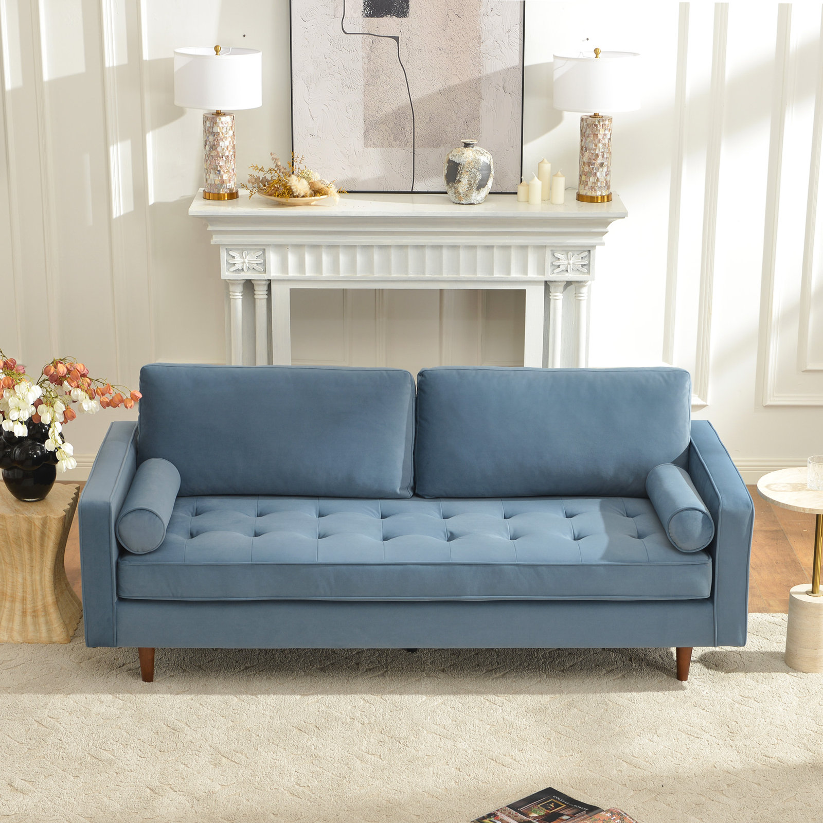 Geo 84" Linen Sofa, Blue Velvet