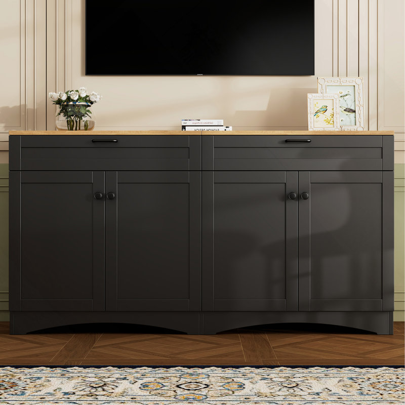 Farmhouse TV Stand with 2 Drawers for TVs Up to 70", Versatile Wood Grain Sideboard with Adjustable Shelves, Mid-Century Buffet Cabinet with Rustic Handles for Living Room/Bedroom