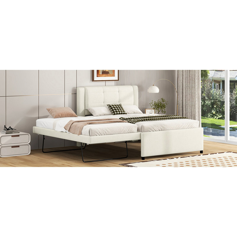 Lit plateforme double tapissier double avec gigogne, couleur beige, construction, pin facile à monter et pieds stables