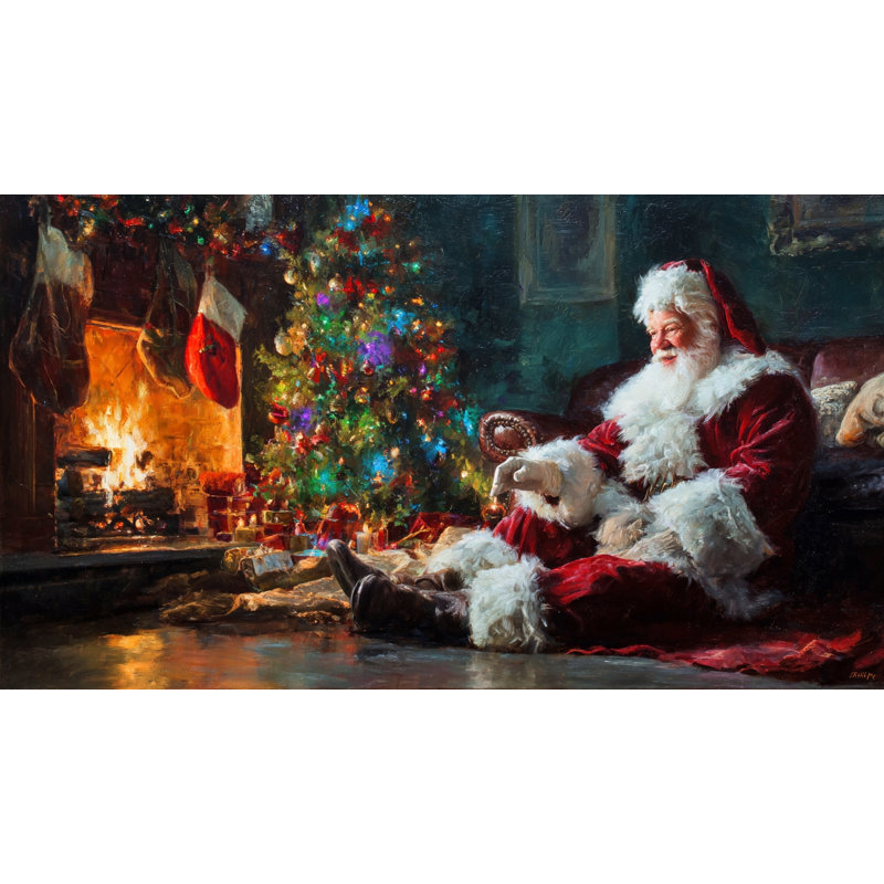 «Santa by the Fireplace», art mural sur toile, 20 po x 36 po