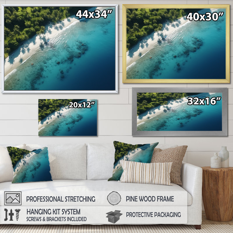 Plage relaxante vue aérienne V - Art mural plage, Cadre flottant doré, H 12 po x l 20 po x P 1 po