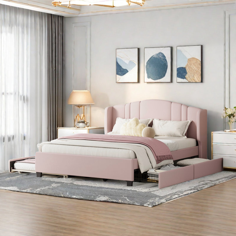 Lit plateforme tapissier avec tête de lit à oreilles, lit gigogne simple et 2 tiroirs, Rose