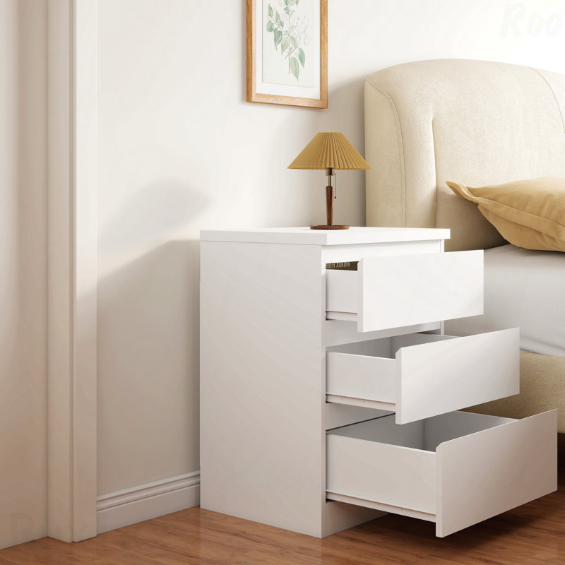Table de chevet blanche 19,7 pouces à 3 tiroirs, table d'appoint sans poignée et plateau supérieur épaissi, Blanc, Individuel