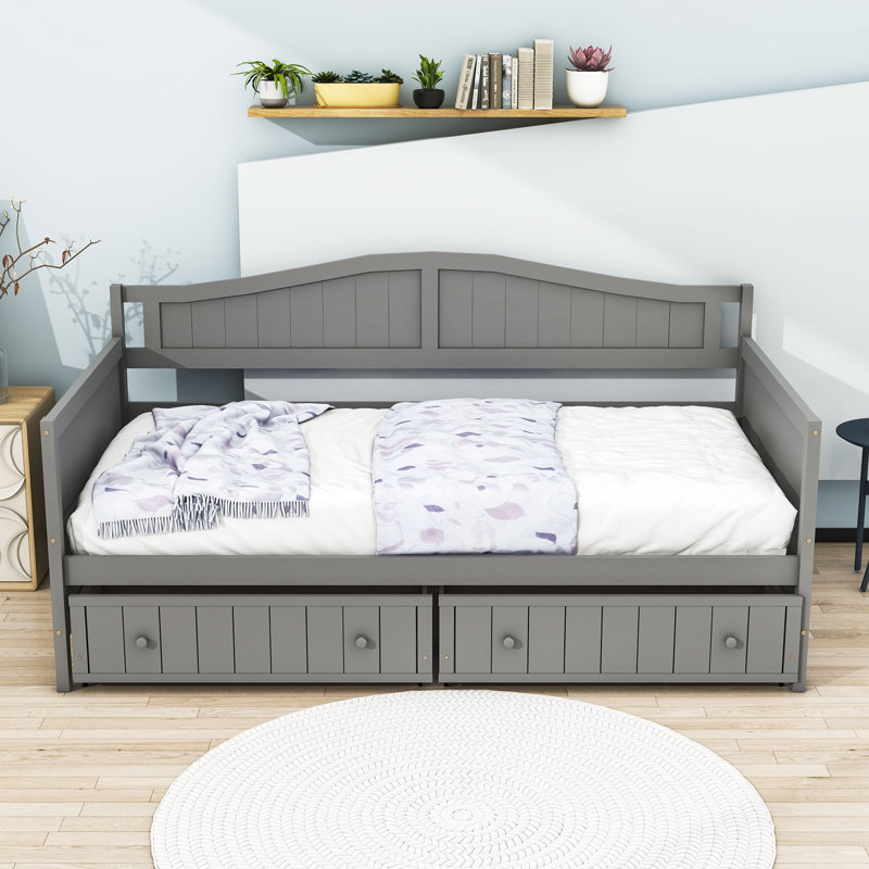 Lit de jour simple en bois avec deux tiroirs, gris