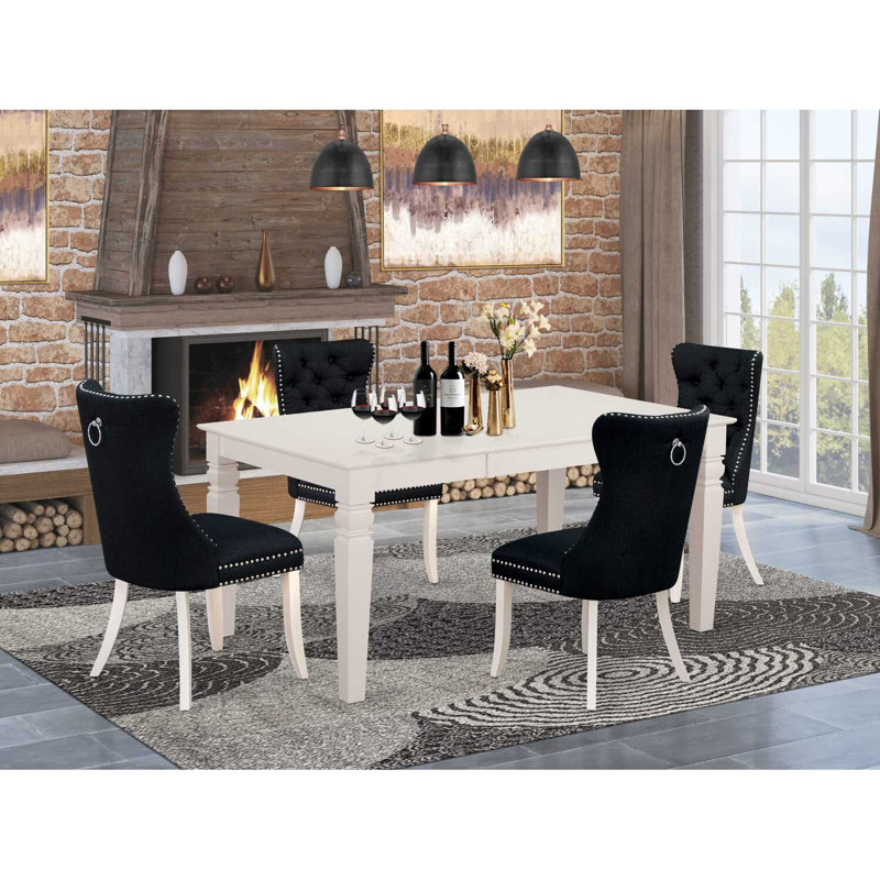 Ensemble de salle à manger rectangulaire en bois massif avec plateau papillon, Noir mat, Blanc