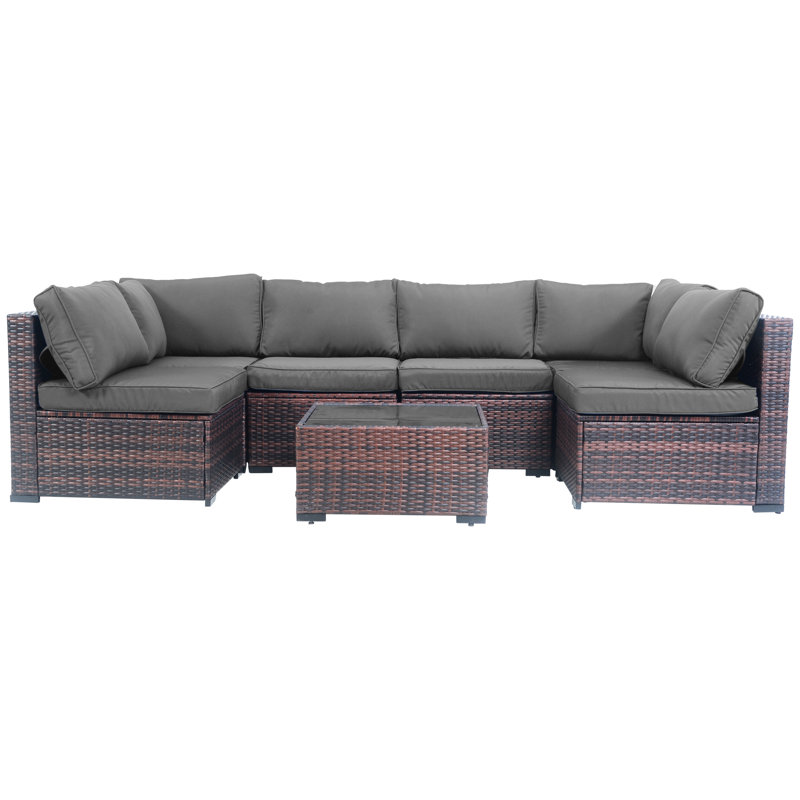 Decksplore 7-Piece Outdoor Rattan Sofa Set, PE Wicker Sectional Patio Conversation Set, Gray