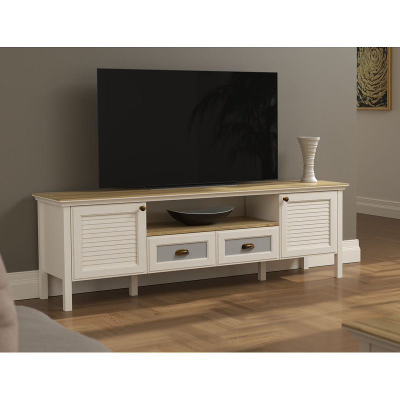 Traditional TV Stand with Multiple Shelves, Cream & Oak Finish, 71.3 x 22.8 x 17.4 inches | 100% Melamine Coated Particle Board & MDF Legs | Wall-Mountable Design, Stylish Metal Handles, Durable & Functional