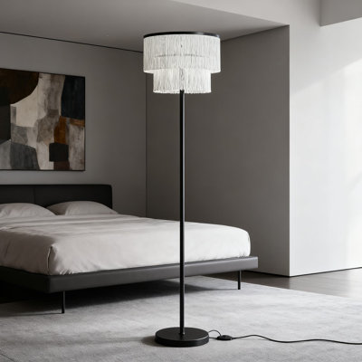 66-Inch Tall Mid-Century Boho Floor Lamp With 2-Tier Tassel Fringe Lampshade, Soft Ambient Lighting Standing Lamp For Bedroom Living Room Nursery