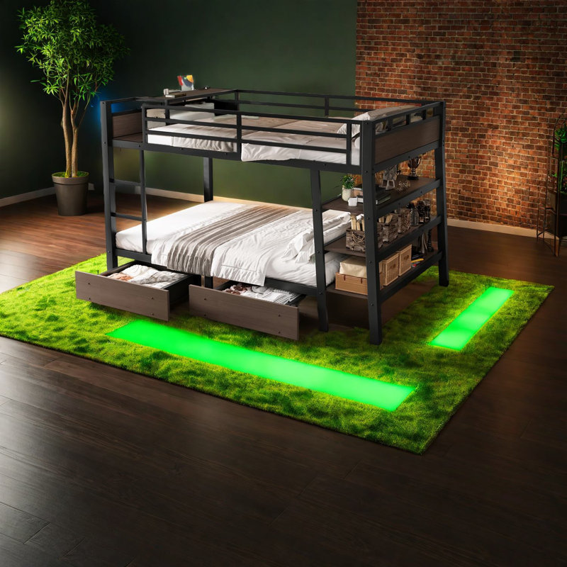 Lit superposé en métal peu encombrant avec rangement, noir et MDF, solution de dortoir moderne