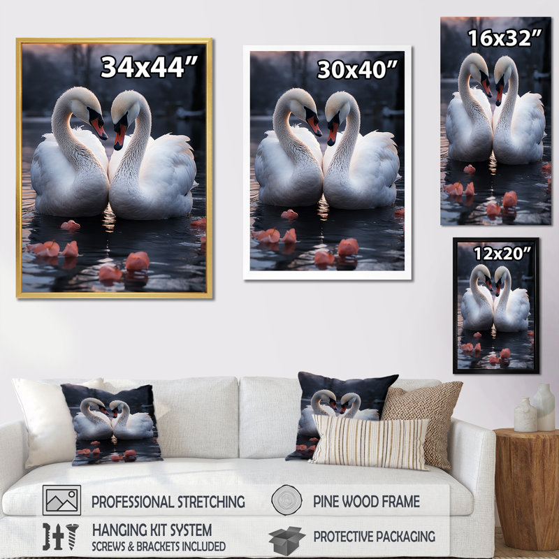 Art mural sur toile, "Swans Romantic Portrait II", Cadre naturel flottant, H 32 po x l 16 po