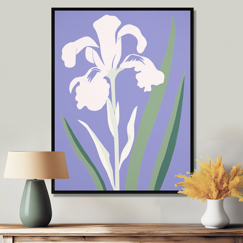 «Minimal White Iris Flower On Mauve - Iris», art mural, Cadre flottant noir, bois massif, H 20 po x l 12 po