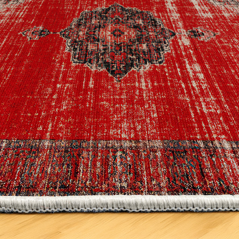 Tapis oriental en coton et polyester rouge Mottos, Rectangle 3 pi 4 po x 6 pi 7 po