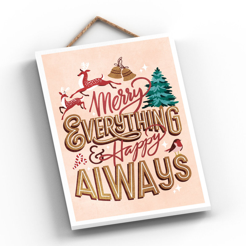 Xmas Merry Everything Happy Always Wooden Plaque, Pink, 28.5cm H x 18.5cm W x 0.9cm D