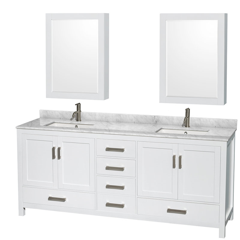 Meuble-lavabo double 72 po avec dessus en marbre et armoires à pharmacie Sheffield, Marbre de Carrare blanc, Blanc, L 80 po