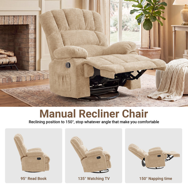 Breasha 39.7" Wide Manual Upholstered Swivel Rocker Recliner, Beige Chenille