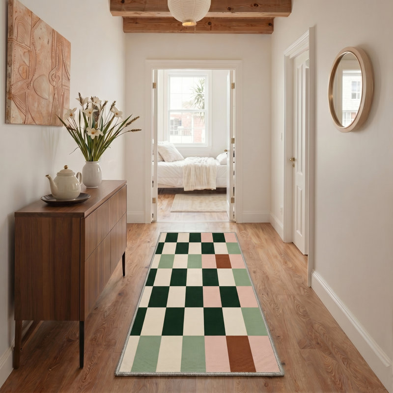 Tapis d'intérieur / vert / beige Liadan Stria, Tapis de couloir 2 pi 6 po x 8 pi