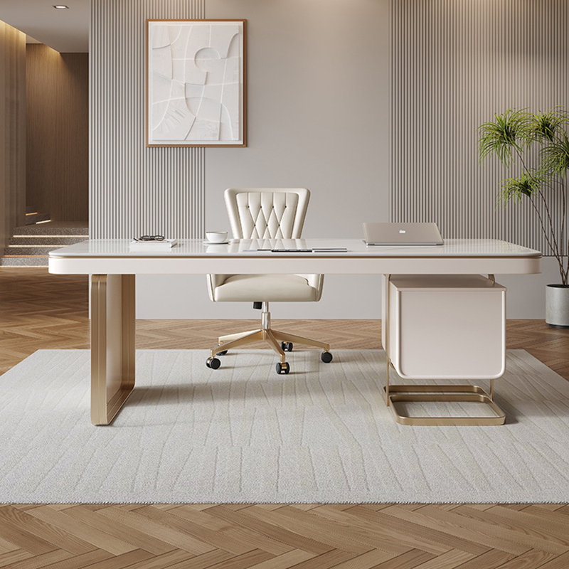 Bureau beige / blanc + fritté rectangulaire doré + bois manufacturé + bureau en acier inoxydable avec 3 tiroirs