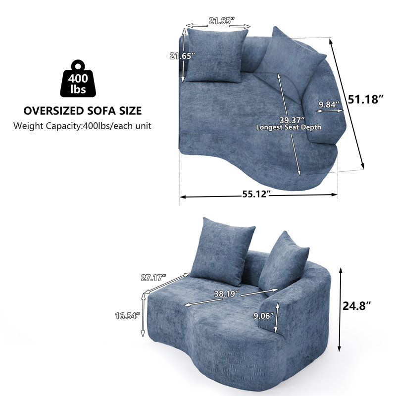 L Shaped Curved Upholstered Boneless Chaise Lounge Chair, Compression Sofa Couch with Deep Seat, 2 Pillows, Blue