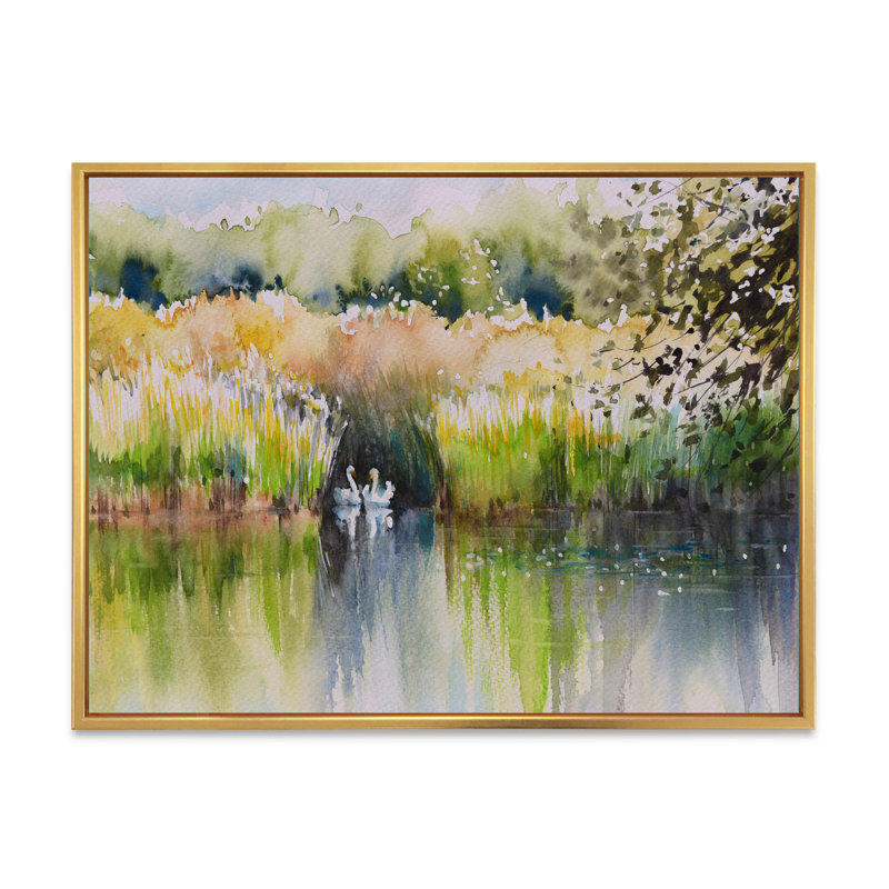 Deux cygnes dans l'étang - peinture sur toile, Cadre flottant doré, H 24 po x l 32 po x P 1 po