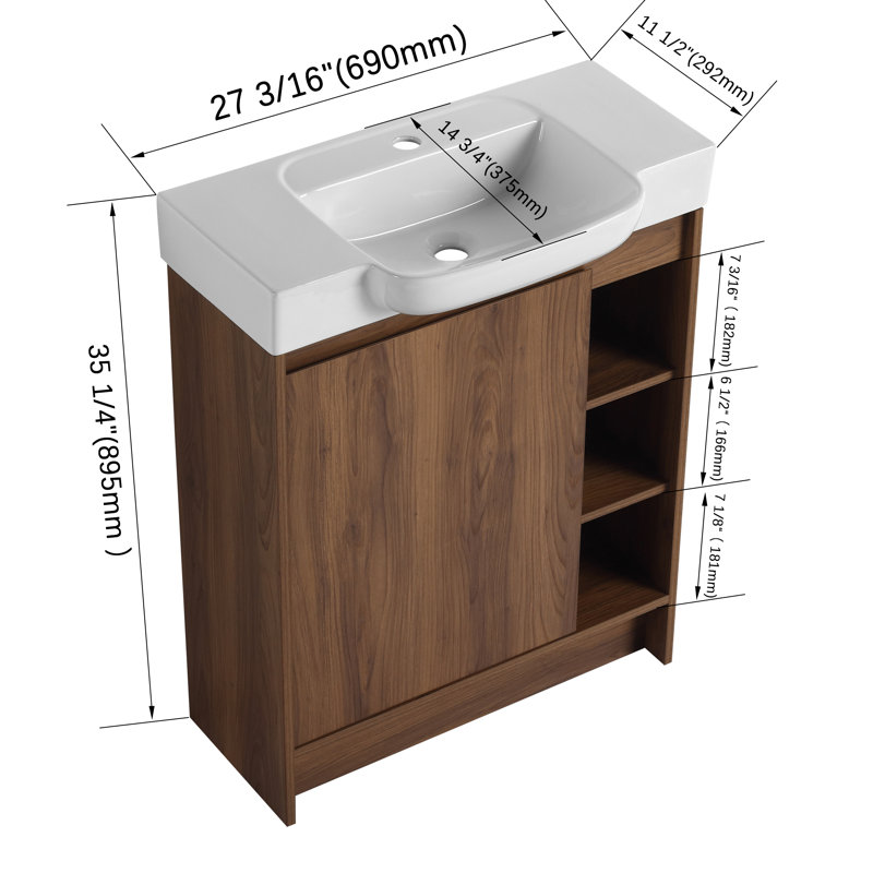 Ensemble de meuble-lavabo simple autoportant 28 po Denston et support de rangement mural 12 po, Brun ébène