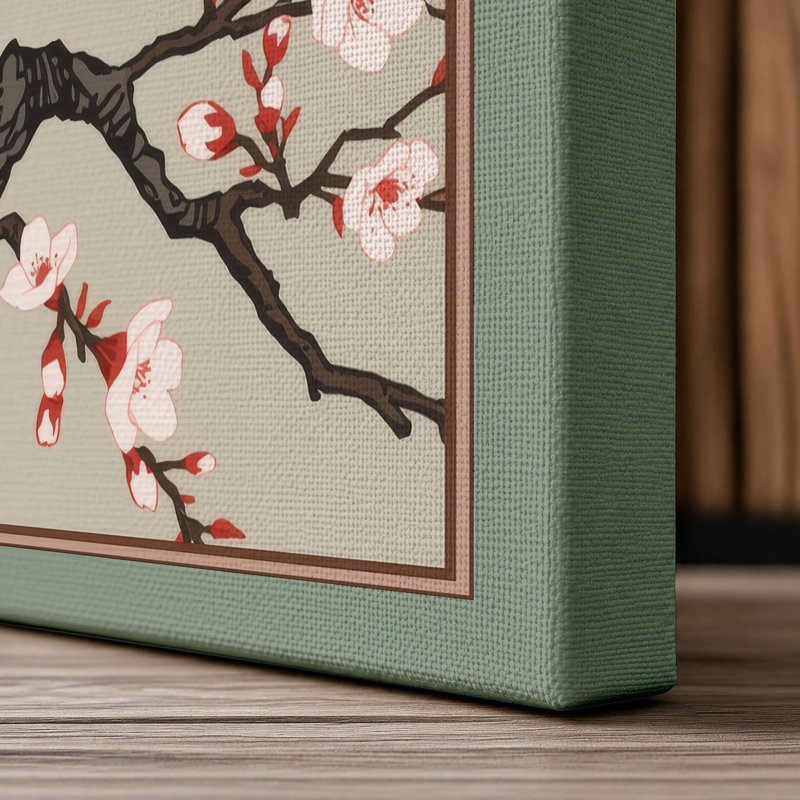Spring Blossom Branch Japandi - Wrapped Canvas, 36x24 - 91.4 x 61.0 cm, Sage Border