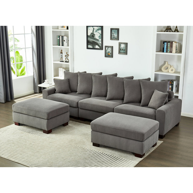 Grey Corduroy Modular Sectional , 5 Seater Oversized Convertible L & U Shaped With Charming High Foam Cushions Couch In Corduroy, Soothing
