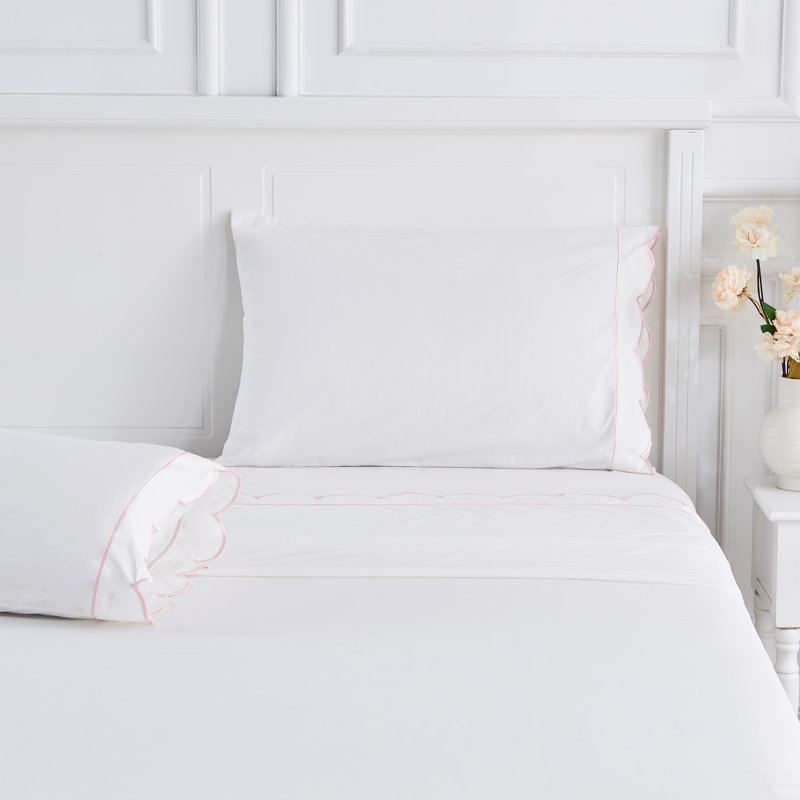 Scallop Frame Percale Sheet Set, Twin Sheet Set with 1 Pillowcase, Pink
