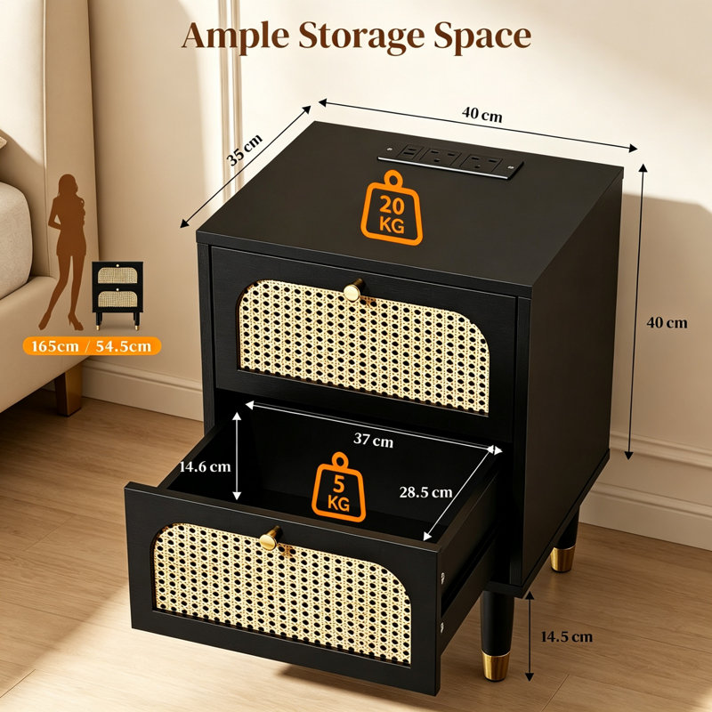 40 cm W Bedside Table, Black
