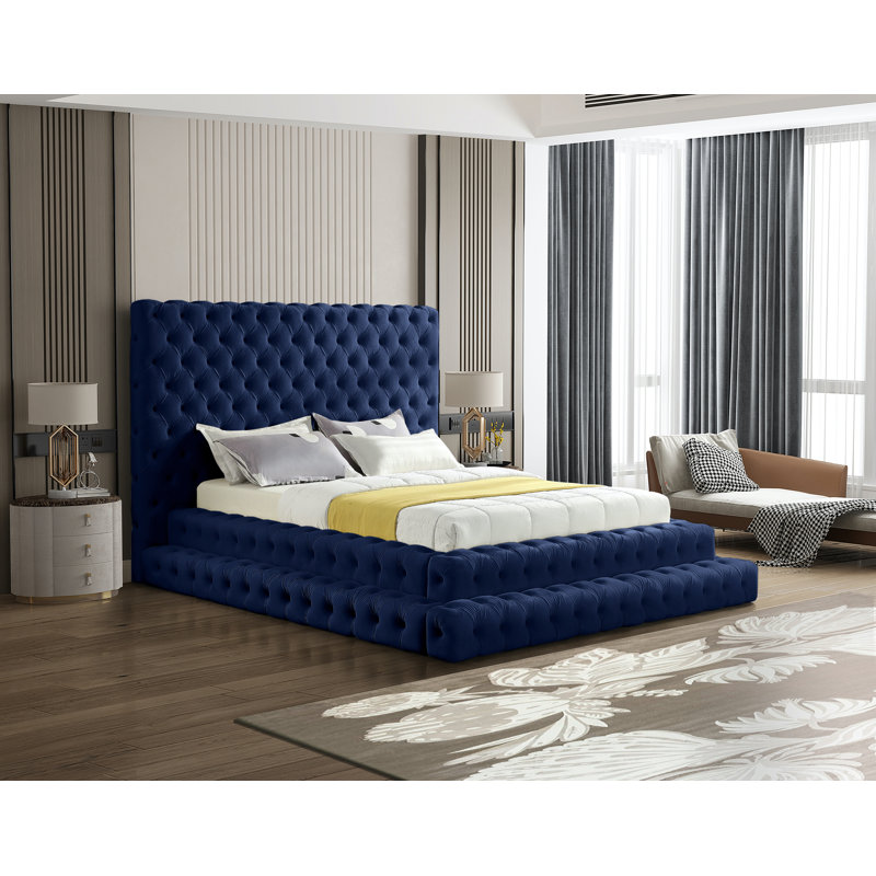 Dymphia Revel Velvet Bed, Navy Velvet, Queen