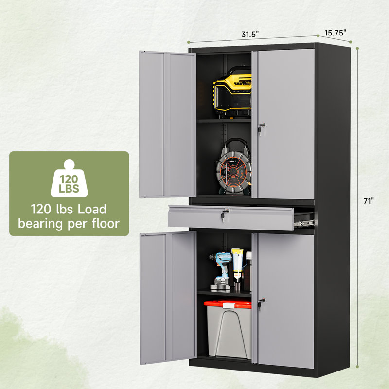 Agilar Locking Metal Garage Cabinet with Adjustable Shelves & Tool Drawer ( 71'' H x 31.5'' W x 15.7'' D), Black Grey