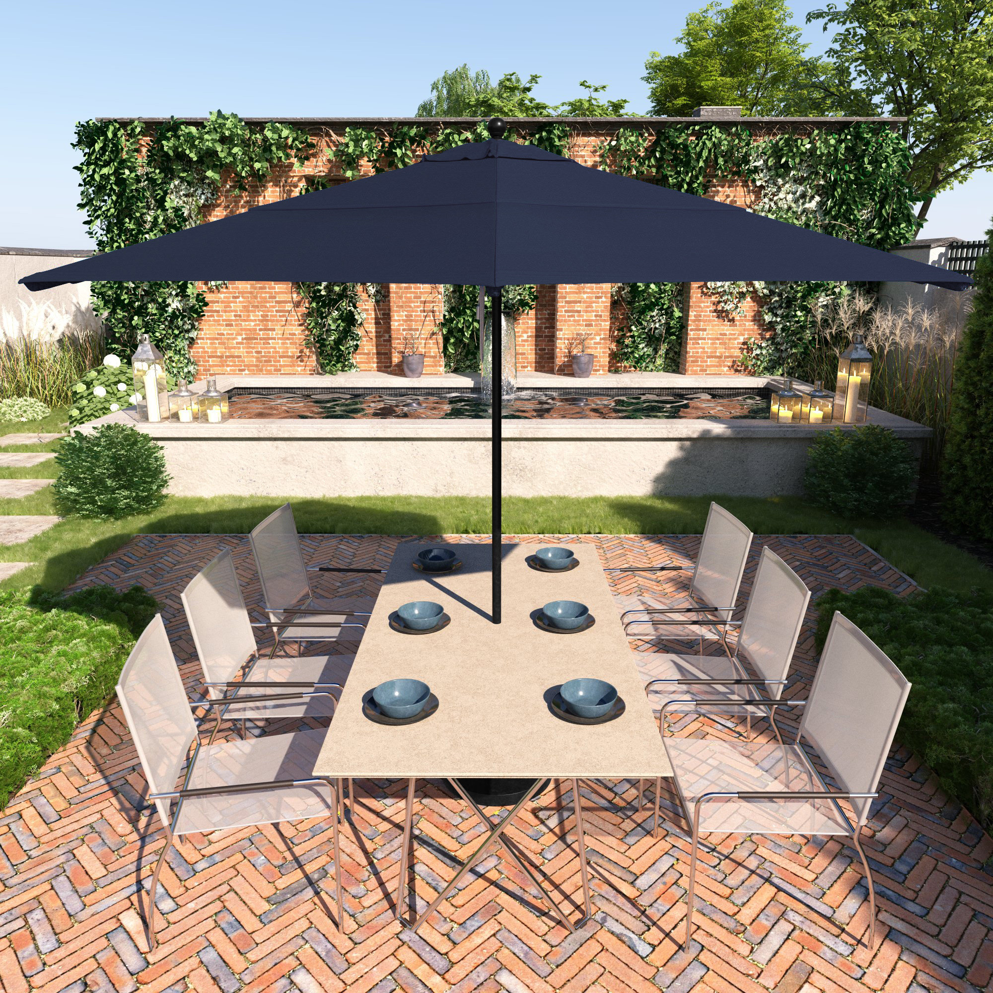 Delora 132'' Outdoor Umbrella, Navy Blue Performance Canvas, Stone Black