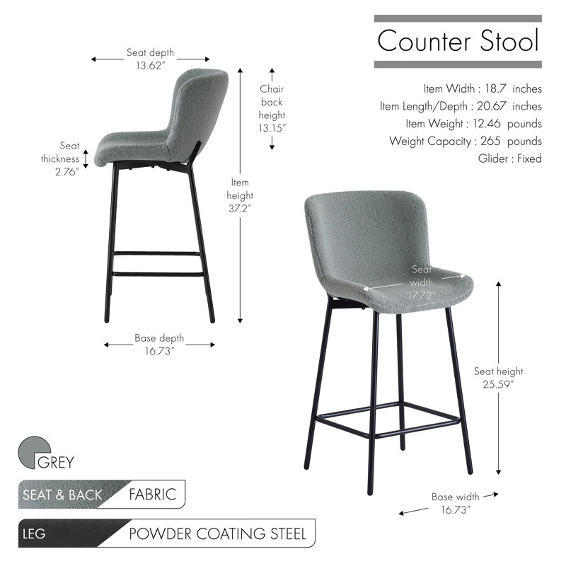 Loane Fabric Counter Height Bar Stools with Steel Legs, Grey