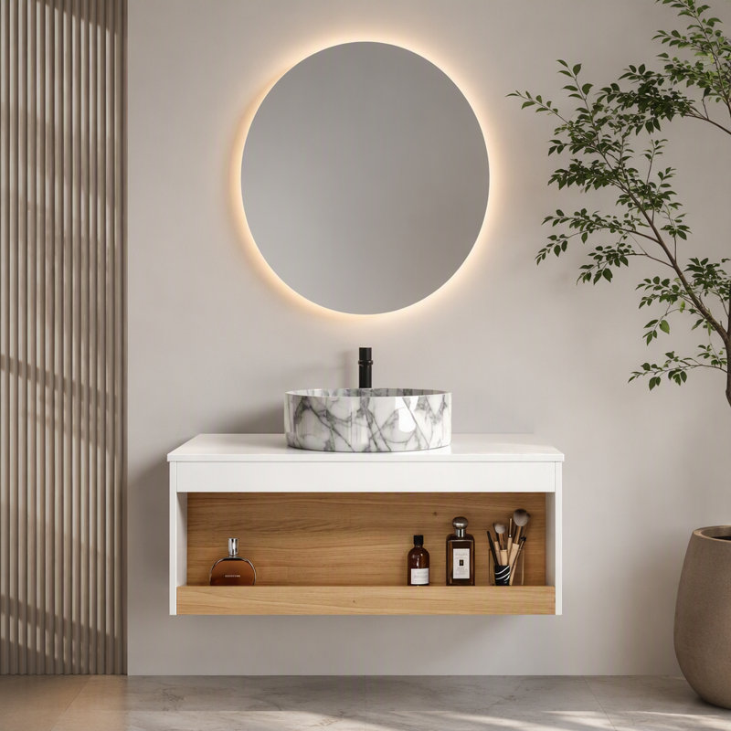 Meuble-lavabo flottant de 36 po avec lavabo vasque en marbre veiné gris, meuble-lavabo mural avec tablette ouverte, finition blanche avec décor en bois, conception moderne peu encombrante (livré dans 2 boîtes)