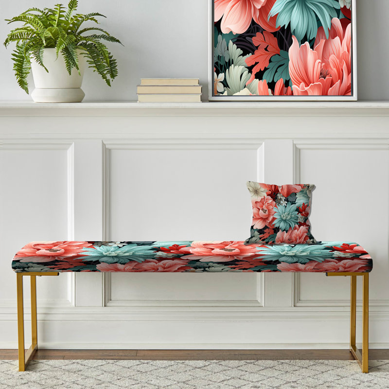 Upholstered Gold Bench, Coral Serenade Tropical Pattern III