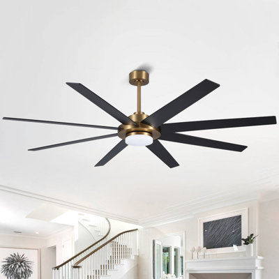 60inch Indoor 8 Solid Wood Double-Sided Blades Ceiling Fan with LED light Remote Remote DC Motor Down-rod Mount, Black and Walnut wiht Gold