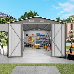 Remise de rangement extérieure en métal 10 pi x 14 pi, remise de jardin durable avec portes verrouillables et fenêtre transparente