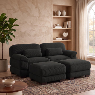 Canapé modulaire en U avec deux repose-pieds - coussins en mousse épaisse et velours côtelé noir respirant pour le salon ou la chambre à coucher