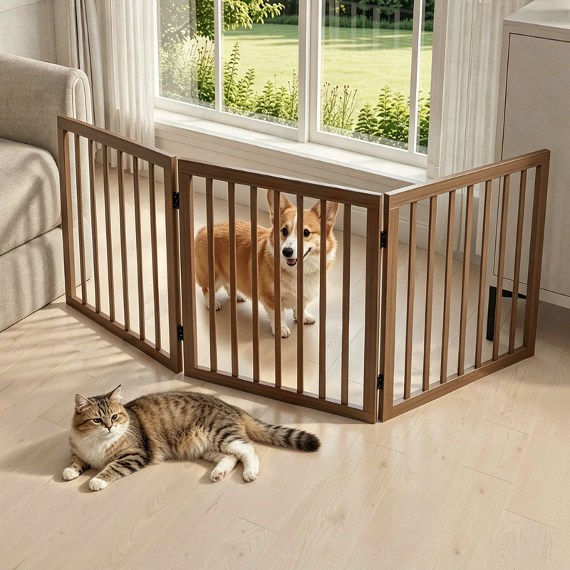 Barrière pour animaux 3 panneaux autoportante pliable en bois, barrière intérieure rotative pour petits chiens et chats
