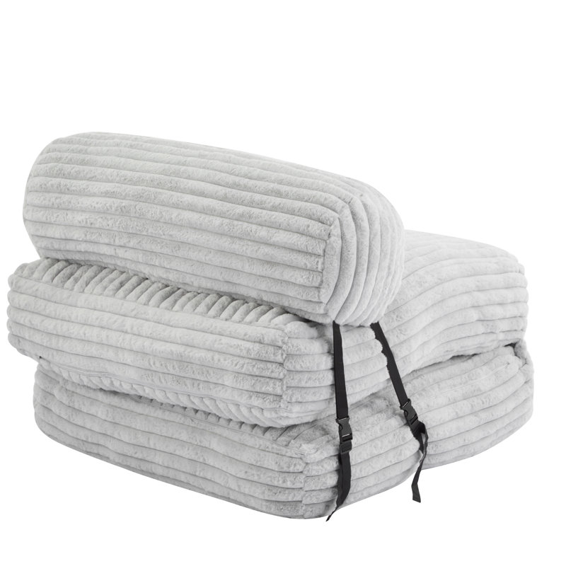37" Light Gray Faux Fur Convertible Bean Bag Chair, 2-in-1 Foldable Lounger Folds Out to Floor Bed, Shredded Foam Filled with Neck Pillow, No Assembly