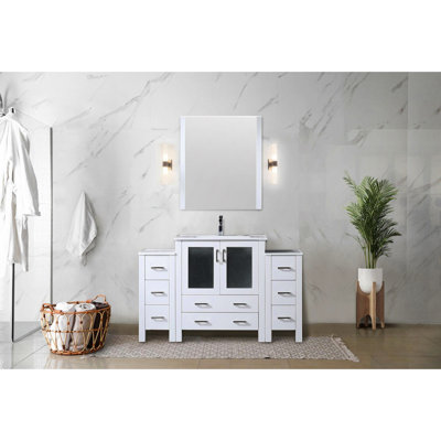 White Single Bath Vanity Measuring 54 In. Width, Side Cabinets, Ceramic Counter, Faucet And 28 Mirror, Scratch - Stain Feature, Wide With Countertop, Build,