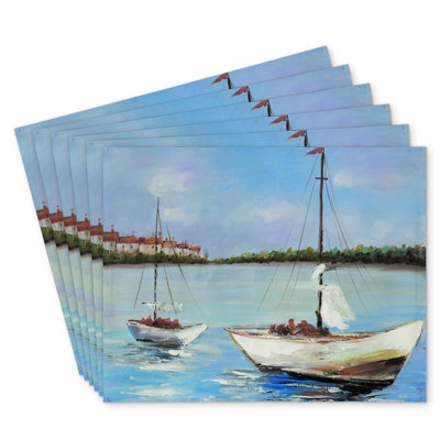 Set of 6 Polyester Bonniview - Two Boats Sailing on Water Decor