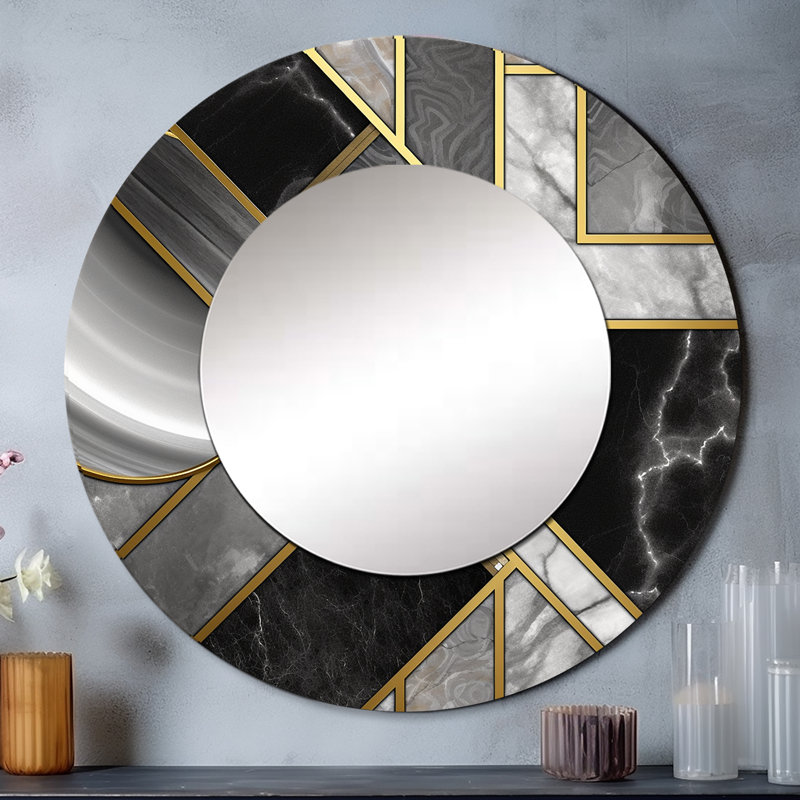 Marbre granit agate avec des touches d'or III - miroir décoratif géométrique, miroir mural rond gris, impression d'art en métal