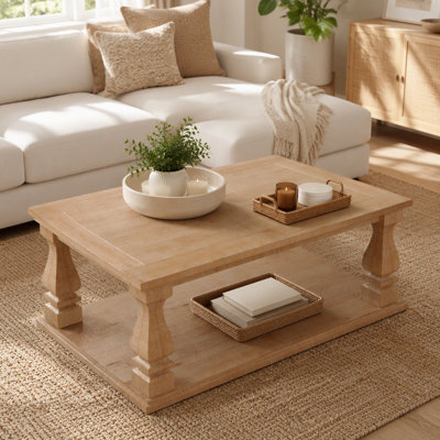 Rectangular Weathered Natural Farmhouse Coffee Table, Solid Wood Plank Top Coffee Table with Thick Baluster Legs, Distressed Rustic Coffee Table with