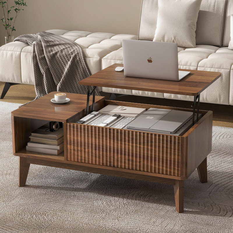 Table basse à plateau relevable cannelé avec compartiment caché, Noyer