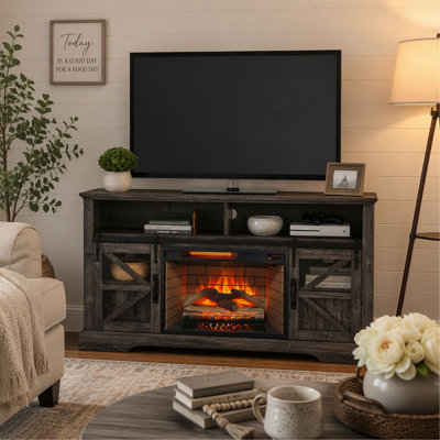 60 Inch Electric Fireplace Entertainment Center with Door Sensor, for Living Room