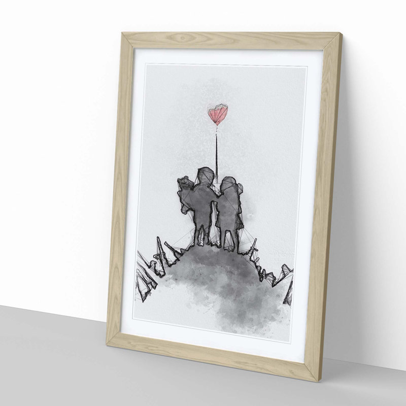 Boy & Girl with Red Balloon in Abstract - Picture Frame Painting Print on MDF, Oak Framed, 87cm H x 62cm W x 2cm D